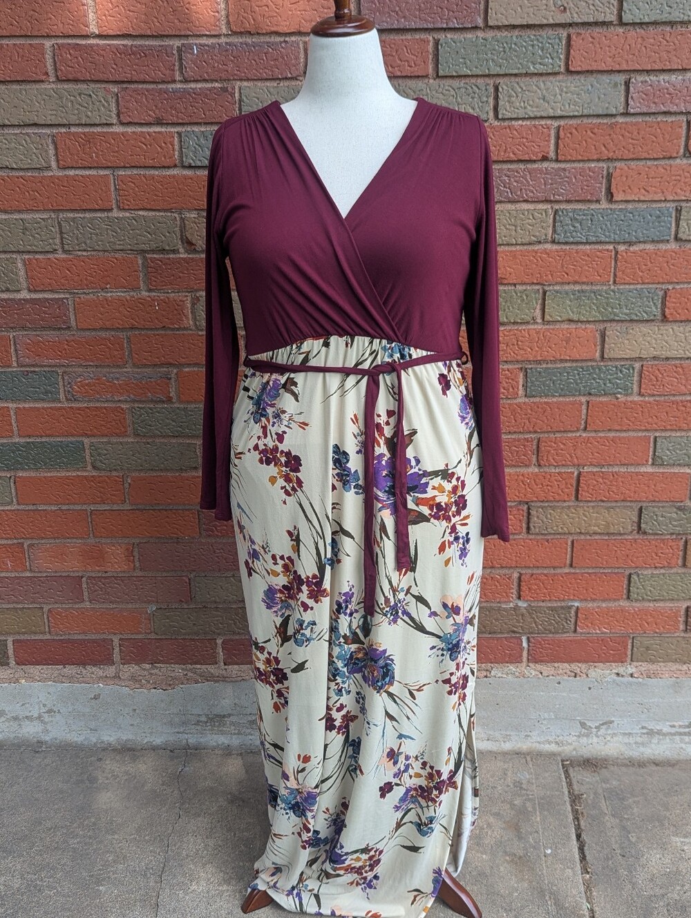 Women’s Burgundy & Cream Floral Wrap Maxi Dress with Tie Waist